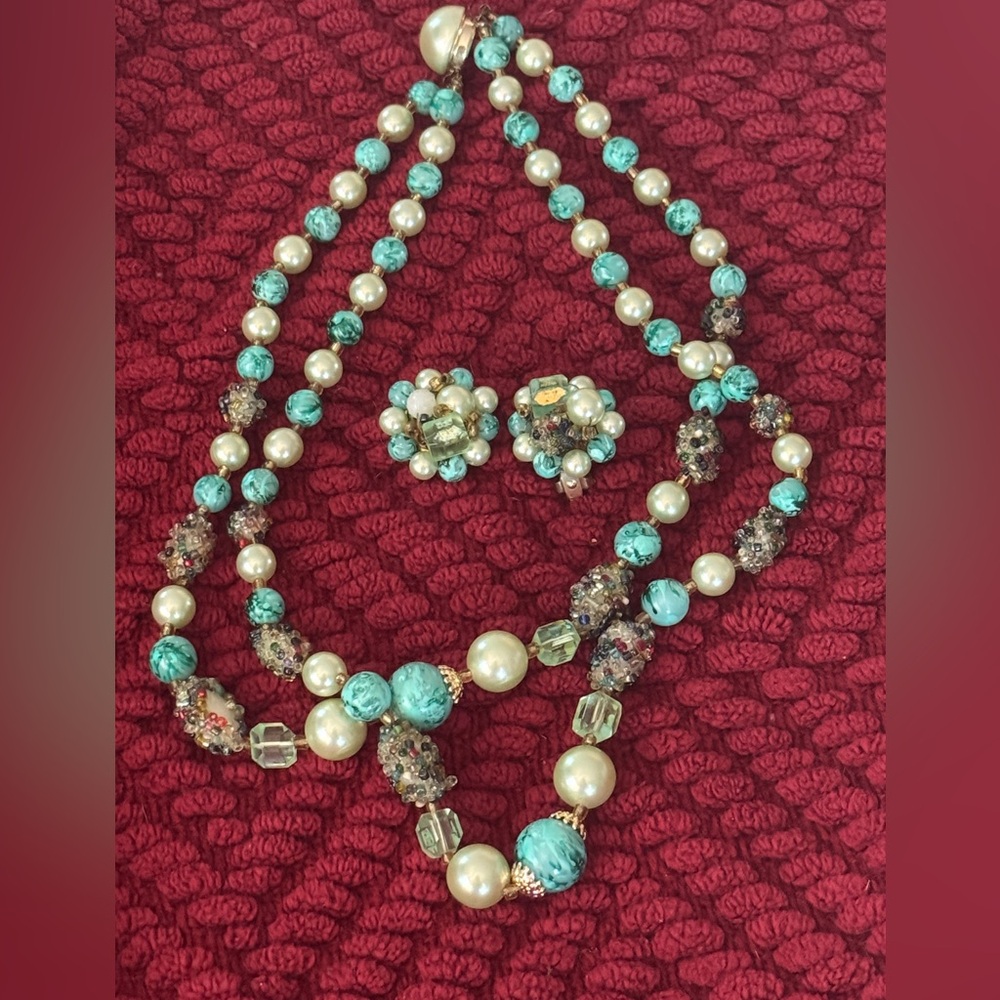 Vintage Green Candied Beaded Necklace and Earrings Mid Century